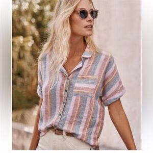 Garnet Hill Stripe Boxy 100% Linen Top Blouse Women's 14